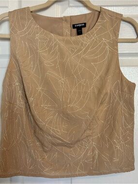 Express Beige Sleeveless Blouse Gold Stitch Detail Button Back Top Small